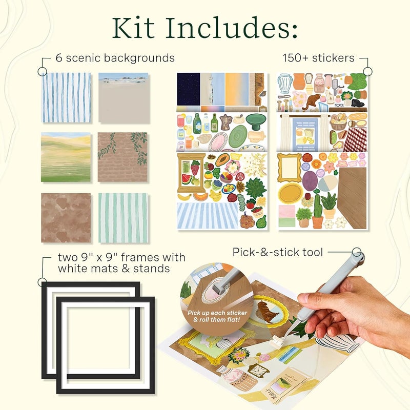 LifeLines FlowCrafts, Collage Art Kit - Miniature Framed Collages from 6 Scenic Backgrounds, 150+ Stickers & 2 Picture Frames - Sensory Arts & Crafts Kit for Teens & Adults - DIY Wall Décor - Image 3